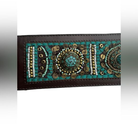Chicos Caracas Slouch Belt Turquoise Leather Beaded Size Large - Picture 5 of 12